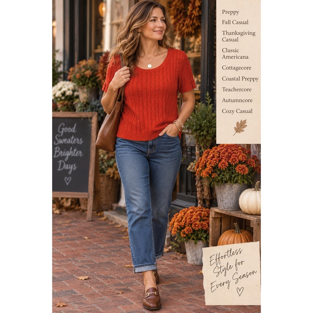 Talbots Women's Short Sleeve Cable Knit Pullover Sweater Apple Red L Cottagecore